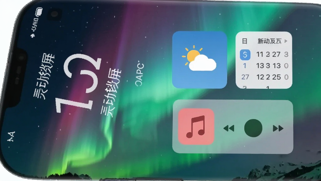 一张手机锁屏界面截图,画面中“灵动锁屏”正在运行,屏幕上显示着动态的极光背景,同时排列着天气、日历和音乐播放控制小组件,界面设计简洁大方,色彩柔和,文字清晰可辨,整体给人一种高级且实用的感觉