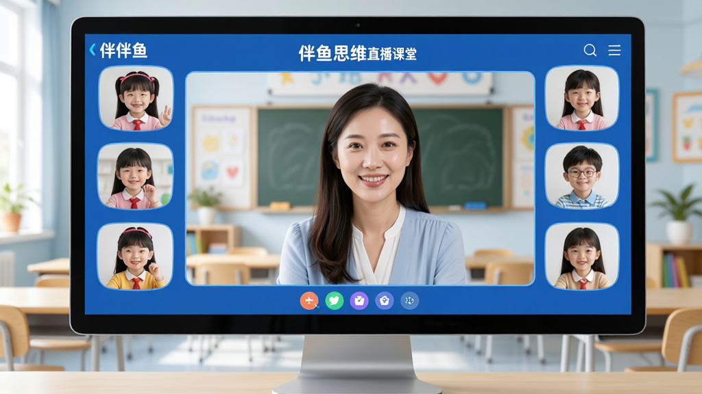 伴鱼思维真人小班直播教学画面,画面中一位亲切的教师出现在电脑屏幕中,屏幕旁边有多个孩子头像连线互动,界面显示伴鱼思维直播课堂,背景为明亮教室风格,布局为中央大屏加周围小头像,风格现代教育科技感,细节清晰,画质高清,干净无多余元素