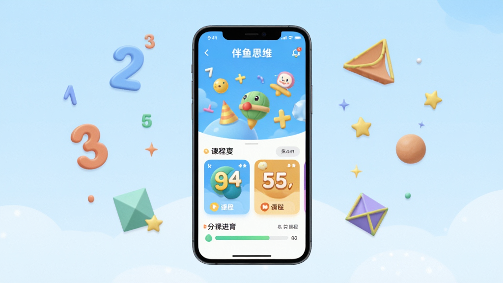 伴鱼思维软件主界面全貌展示,画面中央放置一部智能手机,屏幕上显示伴鱼思维APP的课程首页,包含卡通数学元素、课程卡片和进度条,背景为淡蓝色渐变,周围漂浮数字、几何图形和星星装饰,整体风格清新活泼,适合儿童教育软件宣传,布局居中对称,细节丰富,画质高清,干净无多余元素