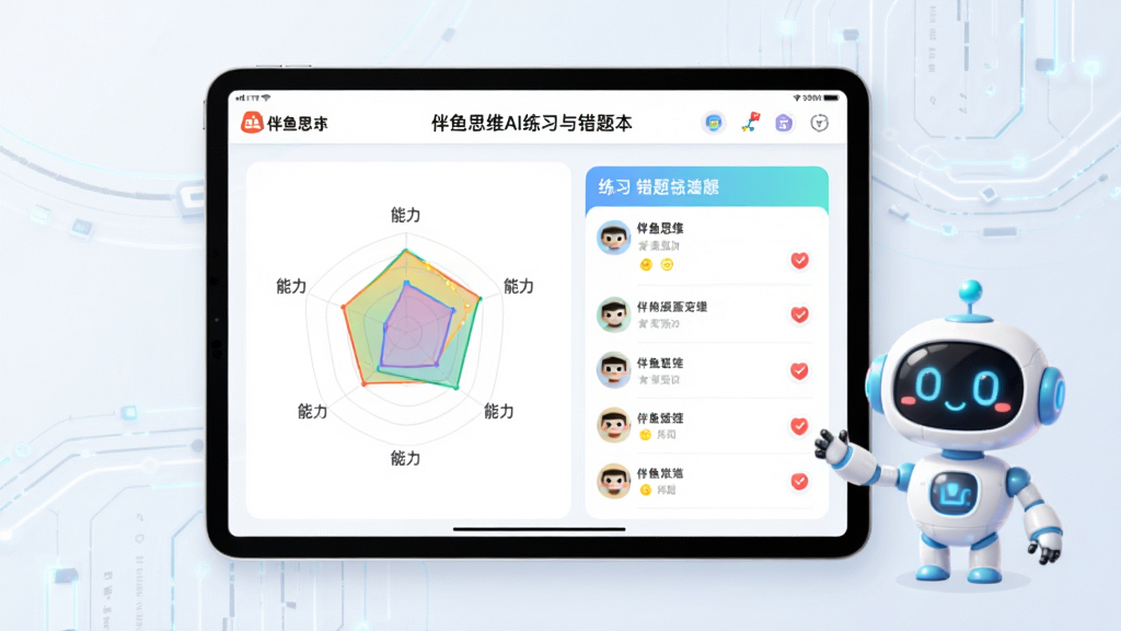 伴鱼思维AI智能练习与错题本界面,画面展示平板电脑屏幕中伴鱼思维APP的练习页面,有彩色能力雷达图和错题列表,旁边有卡通机器人助手形象,背景为浅色科技纹理,布局居中展示屏幕内容,风格简洁现代,细节丰富,画质清晰,干净无多余元素