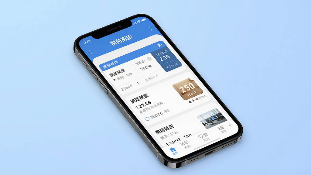 一张展示凯航商旅应用界面的手机样机图,画面中手机屏幕显示机票与酒店预订列表,背景为柔和渐变蓝色,风格简约商务,细节清晰,画质干净,无多余元素