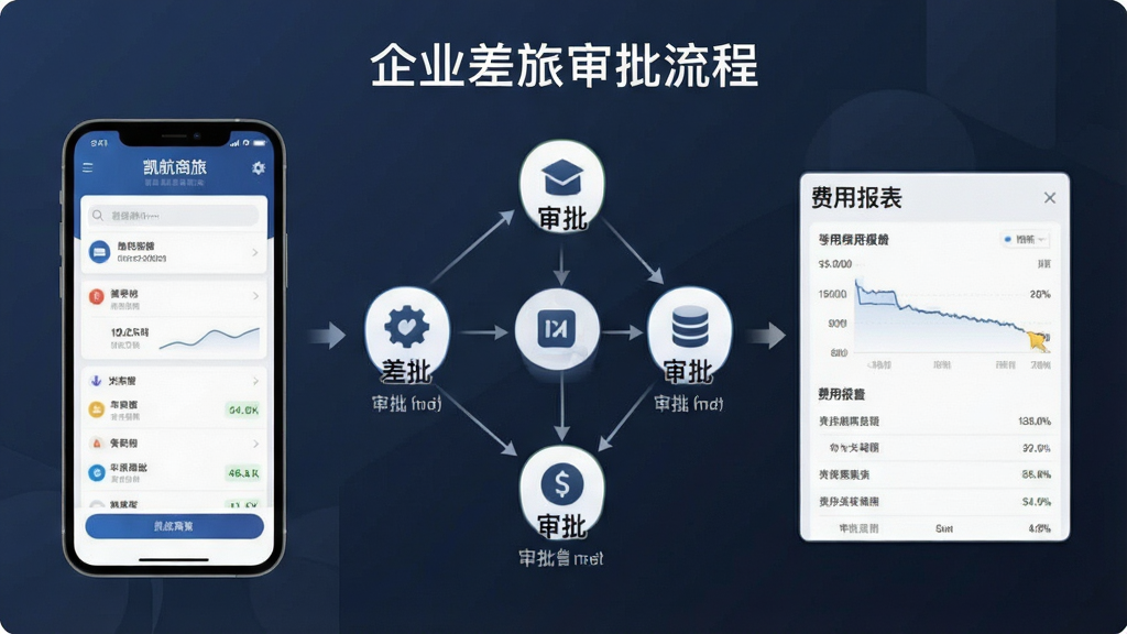 一张展示企业差旅审批流程的示意图,画面中包含凯航商旅应用界面、审批节点图标与费用报表元素,布局清晰,风格现代商务,细节丰富,画质干净,无多余元素