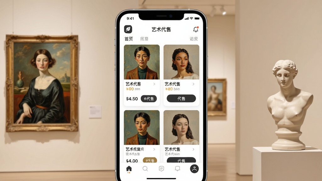 画面主体为一款智能手机,手机屏幕内展示艺术代售应用的主界面,界面中包含艺术品图片列表、价格标签与代售按钮,布局为竖屏居中展示,背景为浅米色艺术展厅风格,左侧放置一幅油画,右侧放置一件雕塑,整体风格现代简约,细节包括应用图标、导航栏与卡片式商品展示,画质清晰干净,无多余元素,画面中文字为“艺术代售”