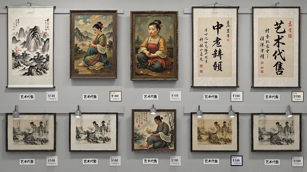 画面主体为一面虚拟艺术展示墙,墙上以网格形式排列多幅不同风格的艺术作品,包括国画、油画与书法,布局为居中对称,风格为现代画廊风,细节包括每幅作品下方的名称标签与价格牌,画质高清干净,无多余元素,画面中文字为“艺术代售”