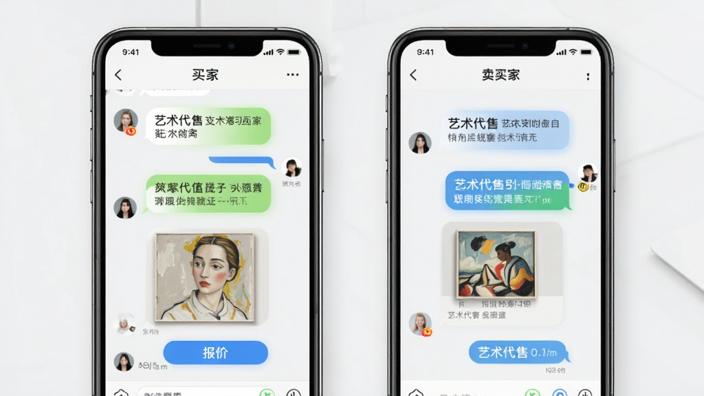 画面主体为两部手机并排展示,左侧手机显示买家聊天界面,右侧手机显示卖家聊天界面,布局为左右对称,风格为现代商务风,细节包括聊天气泡、报价按钮与艺术品缩略图,画质清晰干净,无多余元素,画面中文字为“艺术代售”