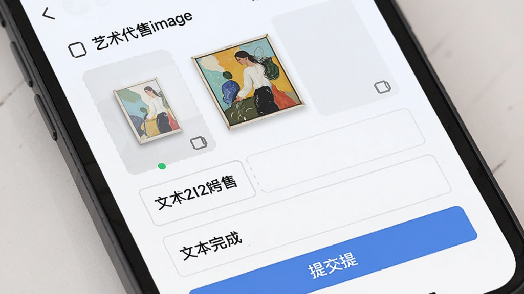 画面主体为手机界面特写,展示艺术代售应用的商品发布页面,页面中包含图片上传区域、文本框与提交按钮,布局为竖屏居中,风格为清爽浅色,细节包括已上传的艺术品缩略图与填写完成的表单,画质清晰干净,无多余元素,画面中文字为“艺术代售”