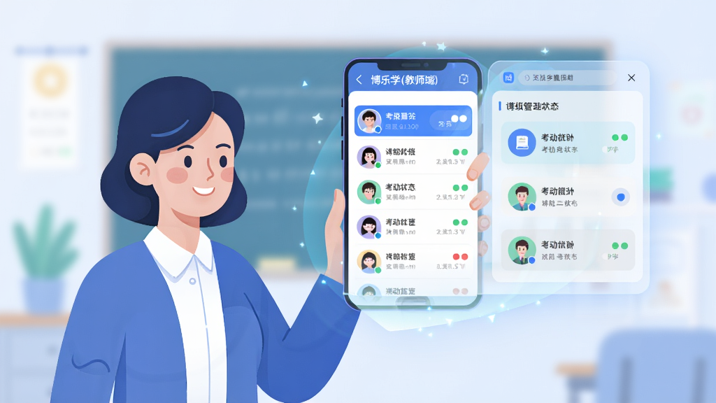 一幅AI生成的教学场景插画,主体是一位教师手持手机使用博乐学(教师端)应用,手机屏幕投射出悬浮的班级管理界面,包含学生头像列表和考勤状态图标,布局采用左右分栏,左侧为教师人物,右侧为悬浮数据面板,风格为扁平化科技插画风,细节上界面元素带有微光特效,画质高清,画面干净,无多余元素