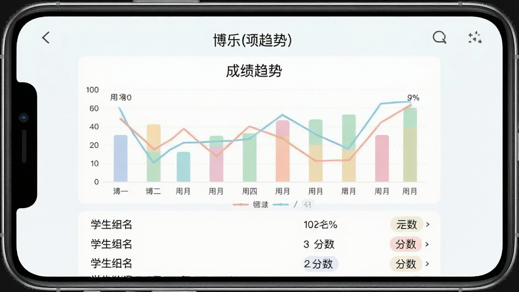 一张展示博乐学(教师端)成绩分析页面的手机截图风格图片,主体是手机屏幕显示彩色柱状图和折线图,图表标题为成绩趋势,下方有学生姓名列表和分数标签,布局为竖向手机界面,风格为清新浅色UI设计,细节上图表颜色柔和、数据清晰可读,画质高清,画面干净,无多余元素