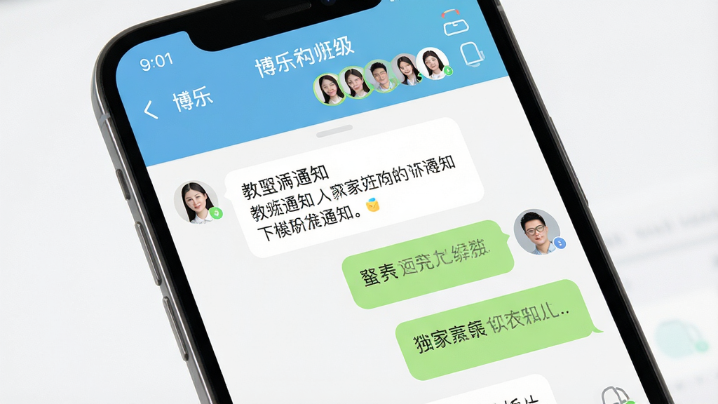 一张展示博乐学(教师端)家校沟通界面的图片,主体是手机屏幕显示班级群聊窗口,包含教师发送的通知消息和家长回复气泡,顶部有班级名称和成员头像,布局为竖向手机界面,风格为清爽社交UI风,细节上气泡圆润、头像清晰,画质高清,画面干净,无多余元素