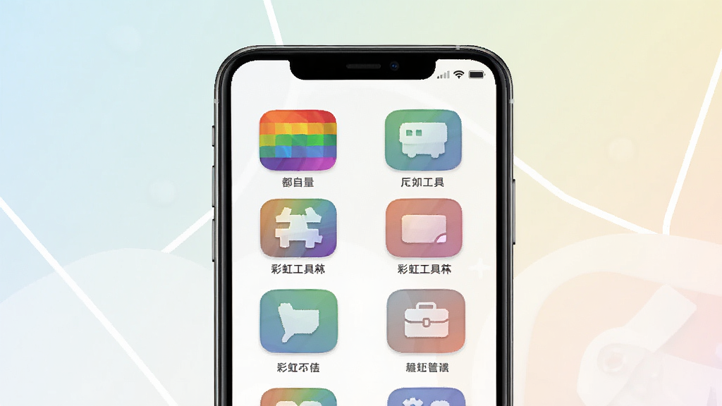 一张展示彩虹工具箱手机应用主界面的预览图,画面中央是手机屏幕,屏幕内呈现彩虹工具箱的图标和功能分类网格布局,背景为浅色渐变,风格简洁现代,细节清晰,画质干净,无多余元素