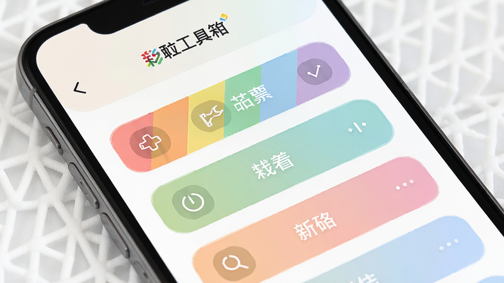 一张彩虹工具箱操作界面特写图,画面展示手机屏幕上彩虹工具箱的简洁菜单和功能按钮,排版清晰,配色柔和,风格现代简约,画质干净,无杂乱元素