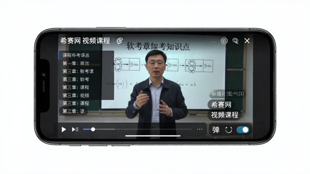 功能图:手机横屏播放“希赛网”视频课程,画面中老师正在讲解软考知识点,屏幕下方有进度条与倍速按钮,背景为深色播放器界面,风格为在线教育视频播放页,布局为横屏居中,细节包括课程标题、章节列表、弹幕开关,画质清晰干净无多余元素