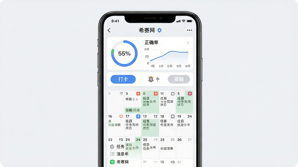 功能图:手机屏幕展示“希赛网”学习计划日历页面,日期格子中标注每日任务完成状态,上方有环形进度图与正确率曲线,背景为浅灰白配色,风格为效率工具类UI,布局为手机正面居中,细节包括打卡按钮、任务清单、提醒铃铛图标,画质干净清晰无多余元素