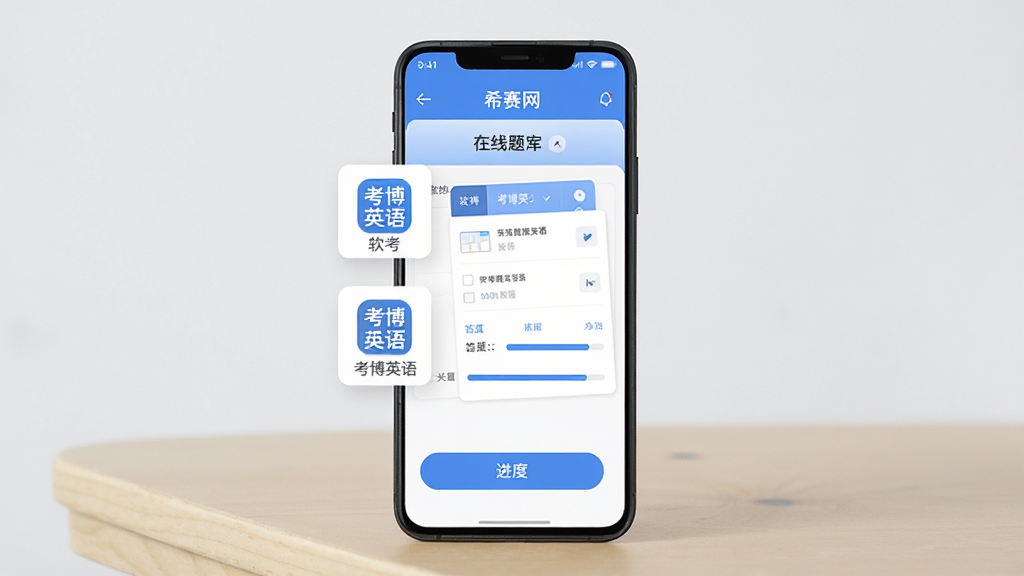 主图:一部竖屏安卓手机放在浅色桌面上,屏幕内显示“希赛网”在线题库界面,左侧悬浮软考、考博英语等科目图标,右侧是答题卡与进度条,背景干净浅灰,布局居中,风格为现代扁平化教育类App宣传图,细节包括蓝色主色调、白色卡片、圆角按钮,画质清晰干净无多余元素