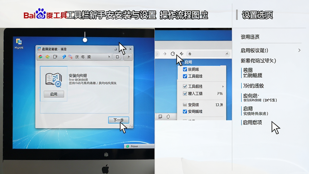 百度工具栏新手安装与设置操作流程图,主体为电脑屏幕显示安装向导与浏览器工具栏启用界面,布局为左右分栏左侧安装步骤右侧设置选项,排版清晰,风格写实教程风,细节包含鼠标指针点击“下一步”、浏览器菜单勾选工具栏选项,画质清晰,干净,无多余元素
