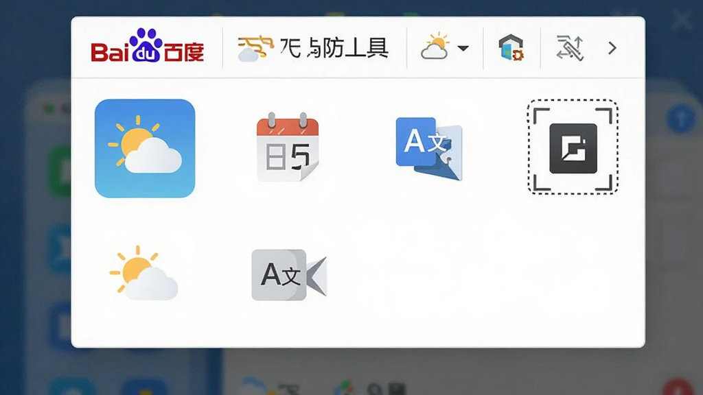 百度工具栏实用小工具与安全防护界面图,主体为工具栏展开后的功能面板,布局为网格状排列天气、日历、翻译、截图图标,排版整齐,风格扁平化设计,细节包含天气图标显示晴转多云、翻译图标带“A文”字样、截图图标带虚线框,画质清晰,干净,无多余元素