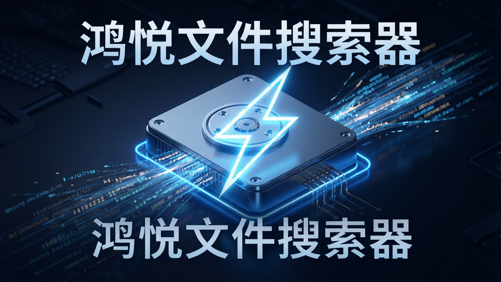一张展示鸿悦文件搜索器极速索引引擎的科技感概念图,画面主体是一个发光的硬盘与闪电符号结合,硬盘表面有数据流快速穿梭,布局为居中构图,风格为未来科技感,细节上体现数据读取的瞬间爆发力,画质高清,干净无多余元素,画面中带有“鸿悦文件搜索器”文字。