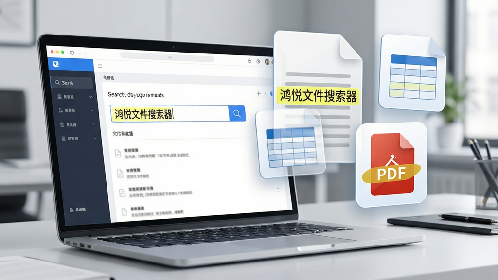 一张展示鸿悦文件搜索器内容深度检索功能的场景图,画面中一台笔记本电脑屏幕显示着搜索界面,搜索框内输入着关键词,屏幕旁边漂浮着放大的文档、表格、PDF图标,图标内部有高亮显示的匹配文字,布局为左右分栏,风格为商务办公风,细节上突出文字被精准定位的高亮效果,画质高清,干净无多余元素,画面中带有“鸿悦文件搜索器”文字。