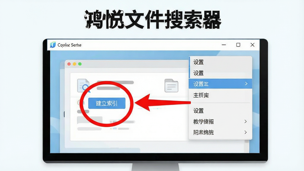 一张展示鸿悦文件搜索器新手操作界面的教学示意图,画面主体是电脑屏幕上的软件窗口,窗口内用红色圆圈标注了“建立索引”按钮,旁边有箭头指向“设置”菜单,布局为图文结合式,风格为清新教学风,细节上突出关键操作步骤的标注,画质高清,干净无多余元素,画面中带有“鸿悦文件搜索器”文字。