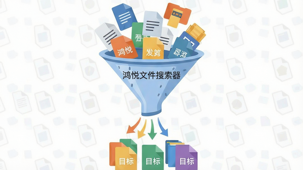 一张展示鸿悦文件搜索器精准筛选过滤功能的示意图,画面主体是一个漏斗形状的过滤装置,上方落入各种杂乱的文件图标,下方流出整齐分类好的目标文件,布局为垂直构图,风格为扁平化插画风,细节上体现不同文件类型被有效区分的过程,画质高清,干净无多余元素,画面中带有“鸿悦文件搜索器”文字。