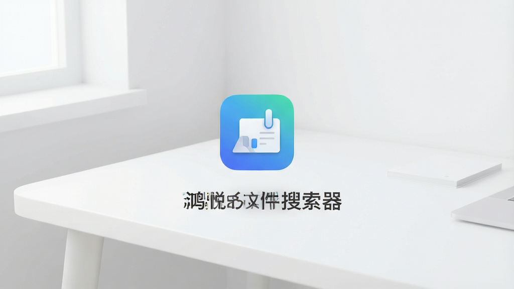 一张展示鸿悦文件搜索器轻量纯净特性的极简风格图,画面主体是一个小巧的软件图标悬浮在干净的桌面上,周围没有任何杂物,布局为居中构图,风格为极简主义,细节上突出图标的小巧与精致,画质高清,干净无多余元素,画面中带有“鸿悦文件搜索器”文字。