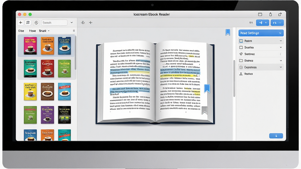 一张展示Icecream Ebook Reader软件界面的图片,主体为电脑屏幕中打开的电子书阅读器窗口,布局为中央显示一本翻开的电子书,左侧为书架列表,右侧为阅读设置面板,排版简洁清晰,风格为现代科技感UI风格,细节包括书架上排列着多本彩色封面的电子书、阅读区域有文字高亮和书签图标、界面配色以浅灰和蓝色为主,画质高清、干净、无多余元素