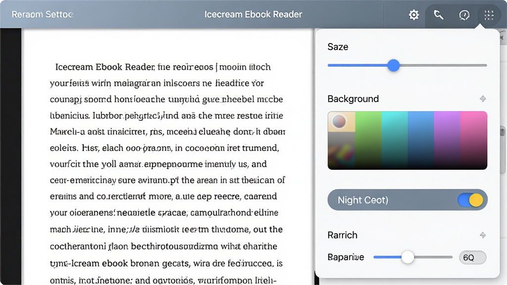 一张Icecream Ebook Reader个性化设置界面的图片,主体为软件中的阅读设置面板,布局为左侧显示电子书正文、右侧弹出设置选项列表,排版清晰,风格为现代简约UI风格,细节包括字体大小滑块、背景颜色选择器、夜间模式开关按钮、行间距调节选项,画质高清、干净、无多余元素