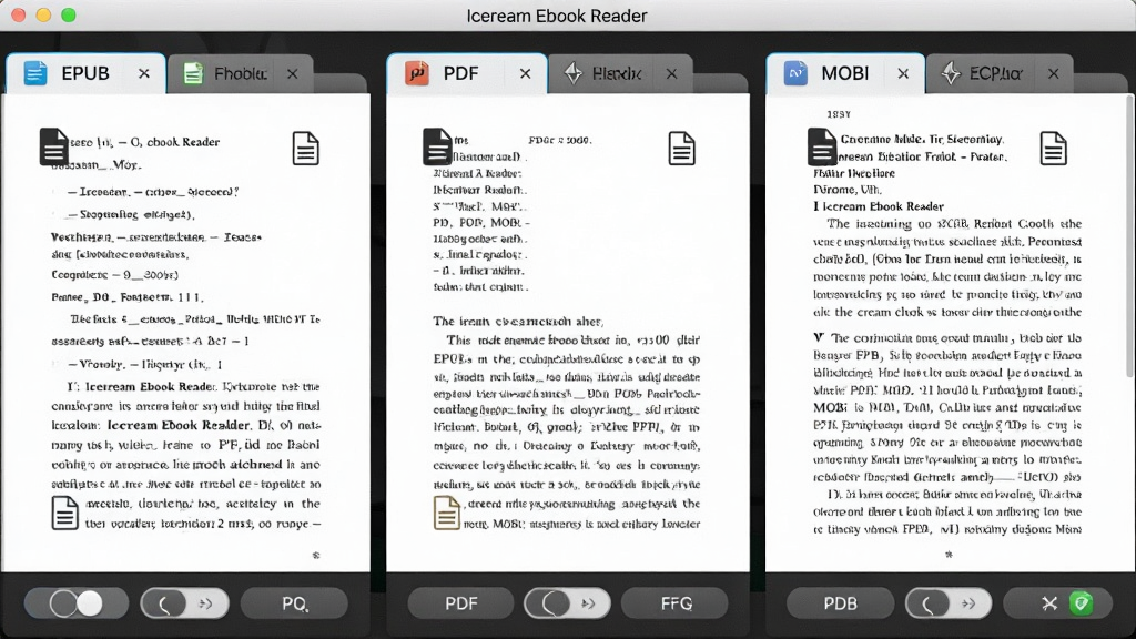 一张Icecream Ebook Reader多格式兼容功能的展示图,主体为软件界面中同时打开EPUB、PDF、MOBI三种不同格式的电子书标签页,布局为横向排列的三个阅读窗口,排版整齐,风格为扁平化软件截图风格,细节包括每个窗口显示不同格式的电子书内容、格式图标清晰可见、界面底部有格式切换按钮,画质高清、干净、无多余元素