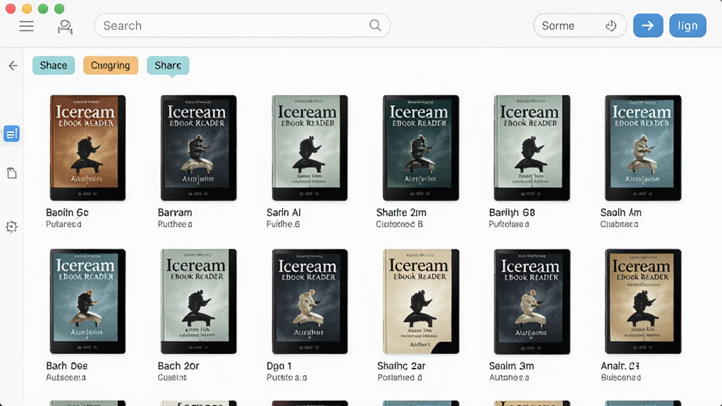 一张Icecream Ebook Reader智能书架管理界面的图片,主体为软件中的书架视图,布局为网格状排列的电子书封面缩略图,排版整齐有序,风格为清爽的图书管理界面风格,细节包括每本书封面下方显示书名和作者、左上角有分类标签、顶部有搜索框和排序按钮,画质高清、干净、无多余元素