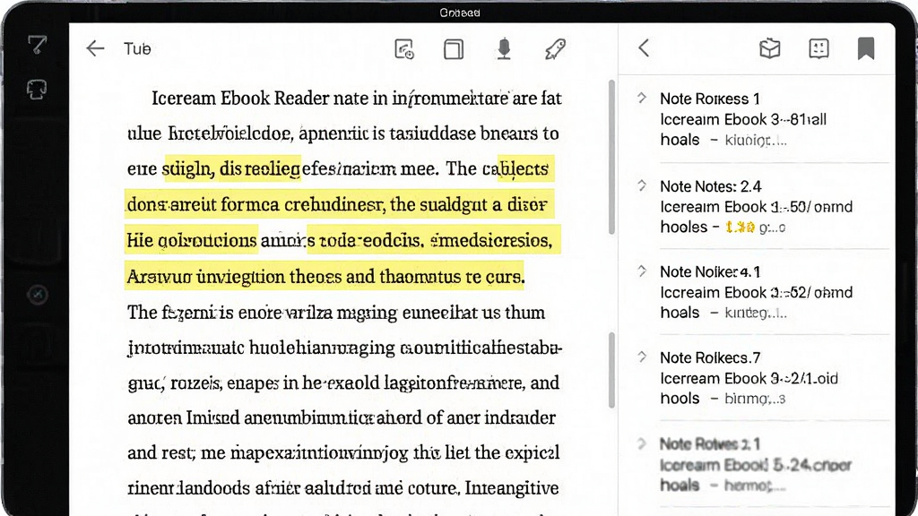 一张Icecream Ebook Reader笔记标注功能的图片,主体为软件阅读界面中一段被高亮标注的文字,布局为中央显示电子书正文、右侧显示笔记列表,排版清晰,风格为学习工具类软件风格,细节包括高亮文字呈黄色背景、笔记列表中有多条记录、书签图标位于页面右上角,画质高清、干净、无多余元素