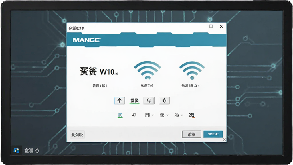 一张展示明基W10无线网卡驱动的软件界面截图,主体为电脑屏幕中央显示驱动安装向导窗口,布局为居中对称式,排版清晰有序,风格为现代科技感,细节包括明基W10投影仪与无线信号图标,画质高清干净无多余元素