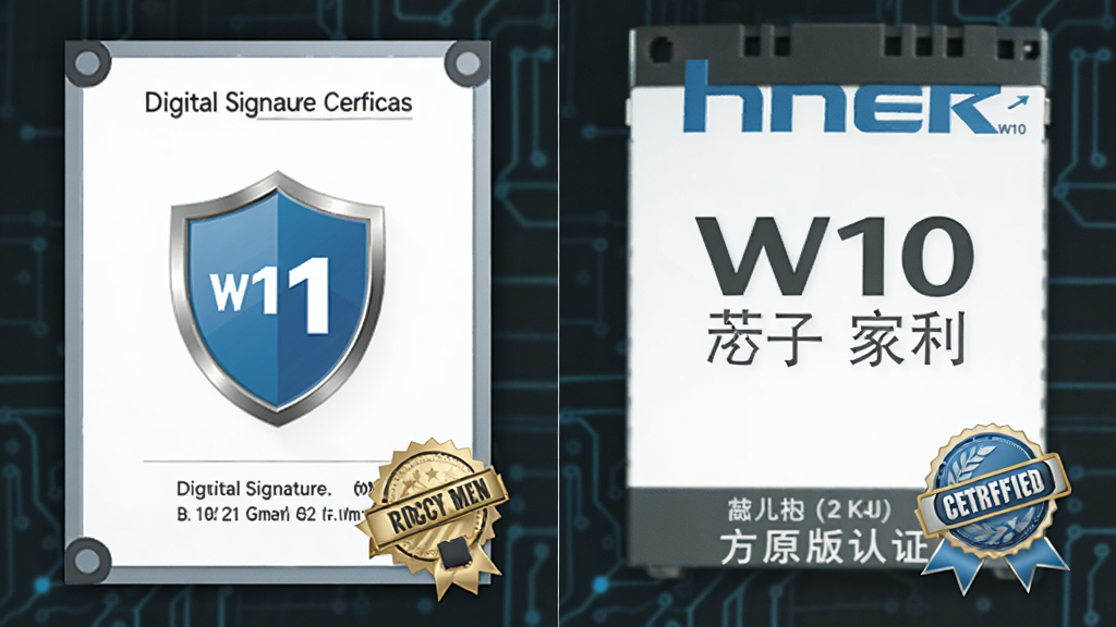 一张展示明基W10无线网卡驱动官方原版认证的示意图,主体为驱动程序数字签名证书与明基品牌标识,布局为左右分栏,排版简洁明了,风格为商务科技风,细节包括盾牌安全图标与认证徽章,画质清晰干净无多余元素