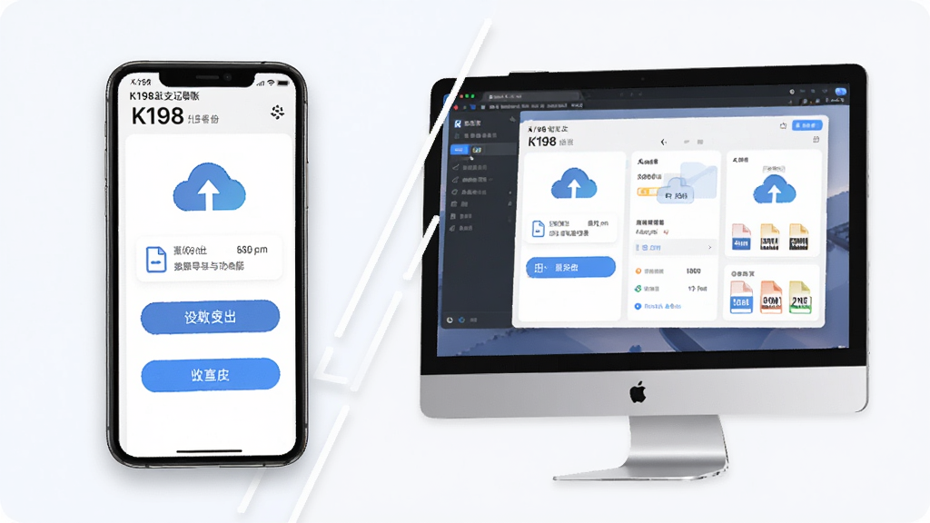 一张展示K198收支记账软件数据导出与备份功能的图片,主体为手机与电脑同步界面,布局为对角线构图,排版简洁,风格科技感,细节包括导出按钮、云朵图标、文件格式标识,画质高清,干净无多余元素。