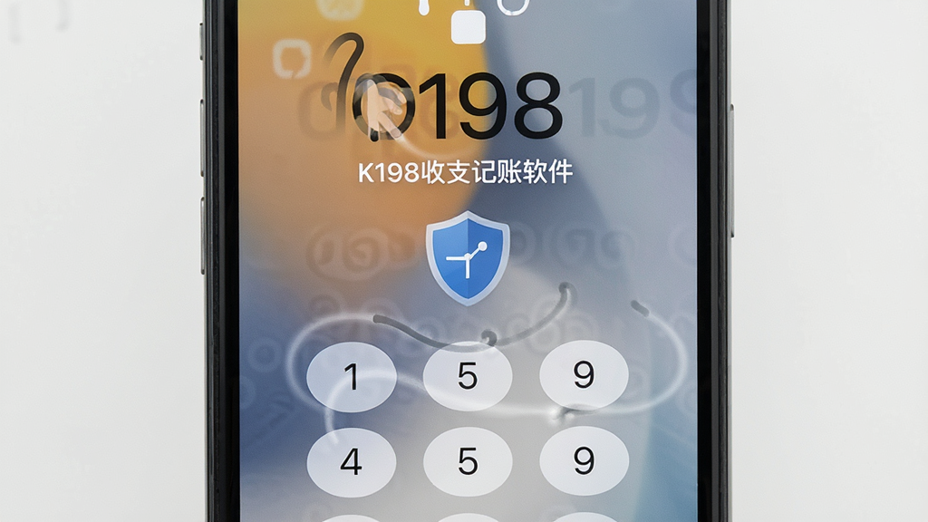 一张展示K198收支记账软件密码保护功能的图片,主体为手机锁屏界面,布局为居中特写,排版简约,风格安全稳重,细节包括手势轨迹、密码键盘、盾牌图标,画质高清,干净无多余元素。