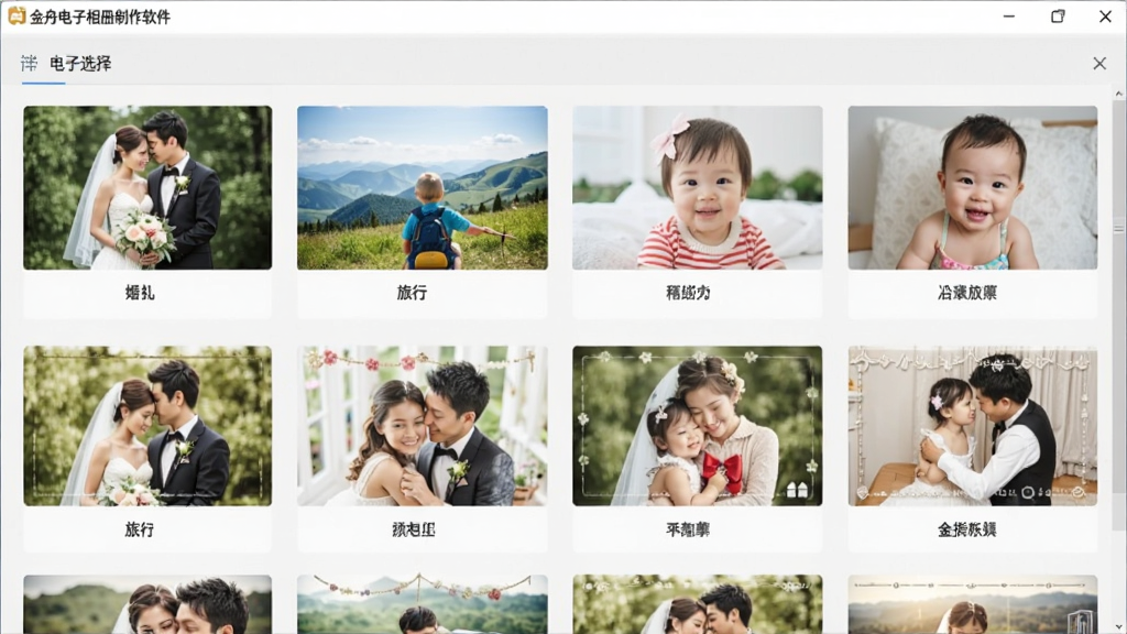 金舟电子相册制作软件模板选择界面,主体为软件内展示的多种电子相册模板缩略图,布局以网格形式排列,排版整齐,风格为清新明亮,细节包括婚礼、旅行、儿童等不同主题模板封面,画质高清,画面干净,无多余元素