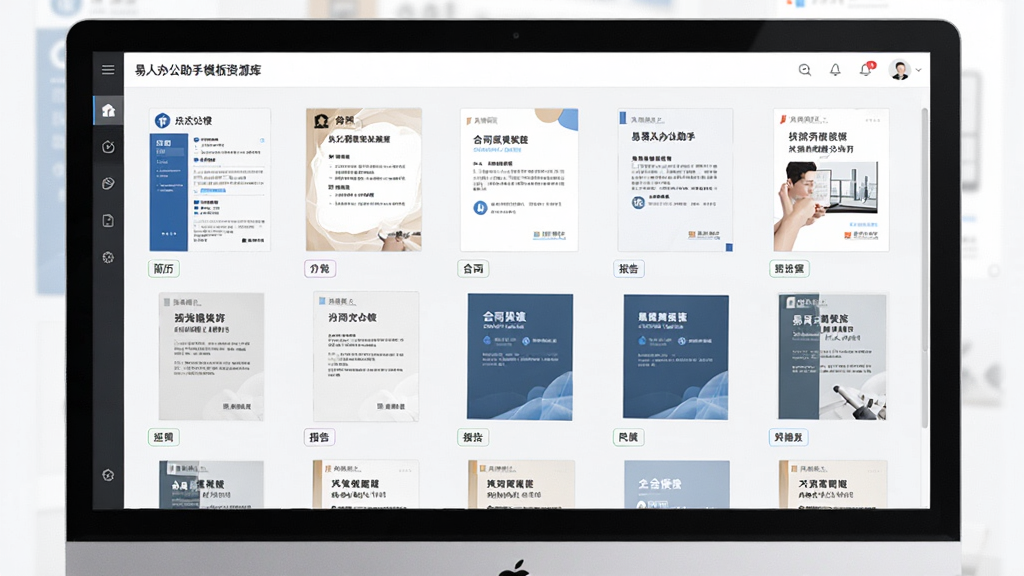 软件“易人办公助手”的模板资源库界面,主体为电脑屏幕中展示的模板缩略图网格,布局为多行多列排列,排版规整,风格为清新浅色系,细节包含简历模板、合同模板、报告模板等封面预览图,画质高清,画面干净,无多余元素