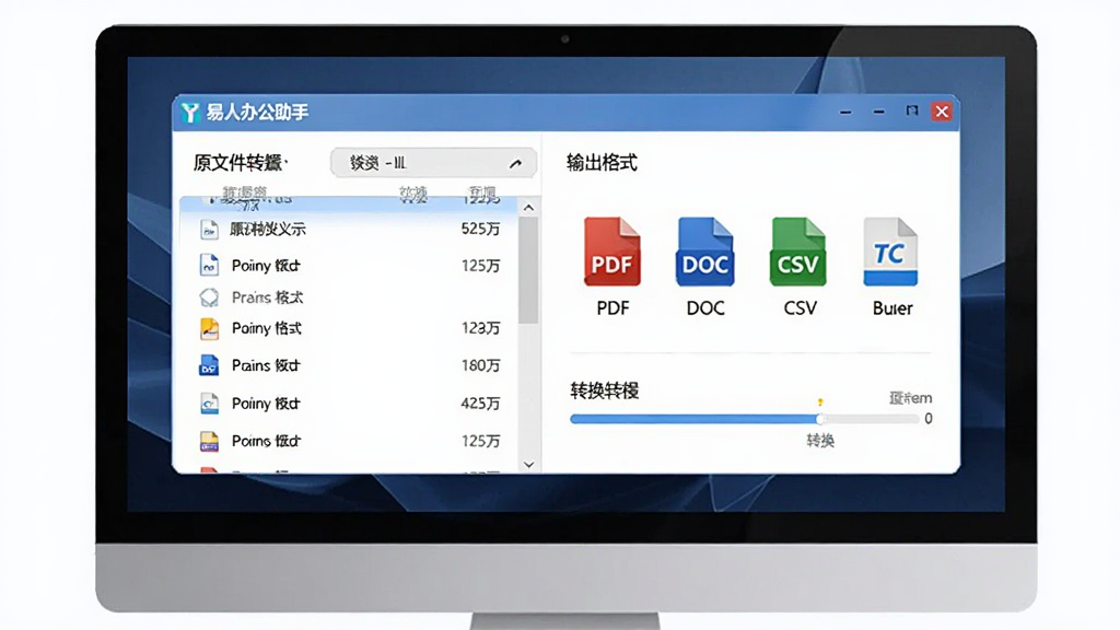 软件“易人办公助手”的格式转换功能示意图,主体为电脑屏幕中显示的格式转换设置窗口,布局左侧为原文件列表、右侧为输出格式选项,排版简洁,风格为科技商务风,细节包含PDF、DOC、CSV等格式图标与转换进度条,画质清晰,画面干净,无多余元素