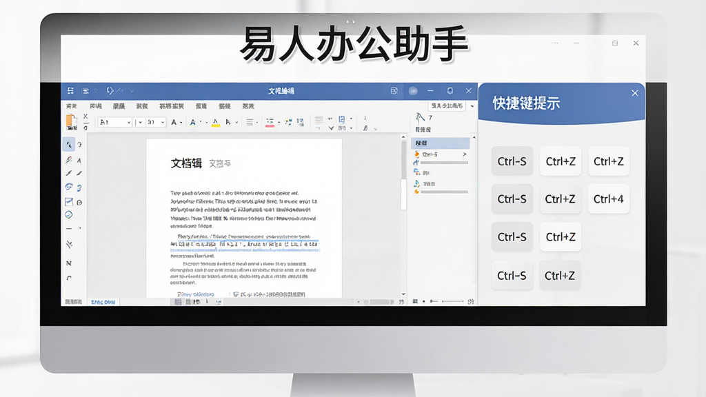 软件“易人办公助手”的使用技巧示意图,主体为电脑屏幕中显示的软件操作界面,布局左侧为文档编辑区、右侧为快捷键提示面板,排版清晰,风格为简约办公风,细节包含Ctrl+S、Ctrl+Z等快捷键标识,画质高清,画面干净,无多余元素