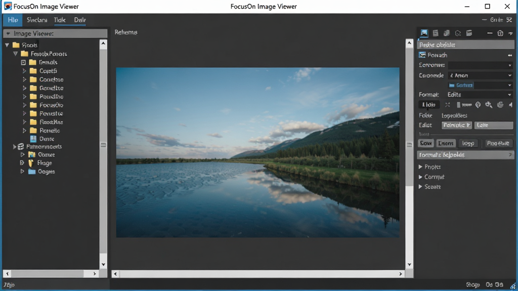 一张展现 FocusOn Image Viewer 软件界面的全景图,主体是干净整洁的软件窗口,布局左侧为文件夹目录树,中间为大幅图片预览区,右侧为图片信息与编辑面板,排版层次分明,风格采用现代扁平化设计,细节包含缩略图滚动条与格式标签,画质高清,干净无多余元素