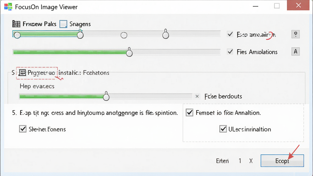一张 FocusOn Image Viewer 在 Windows 电脑上的安装向导界面截图,主体是安装路径选择与文件关联选项,布局突出自定义安装按钮,排版展示清晰的步骤流程,风格为软件安装界面风格,细节包含进度条与复选框状态,画质清晰,干净无多余元素