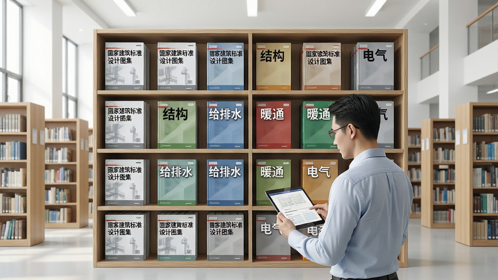 建筑工程标准图集查询软件海量资源库界面,画面中央是一个巨大的虚拟书架,书架上整齐排列着标注“国家建筑标准设计图集”“结构”“给排水”“暖通”“电气”等字样的图集册,书架前有一位工程师正在用平板电脑查阅,背景为明亮的图书馆风格,布局对称,风格写实,细节精致,画质清晰,干净整洁,无多余元素
