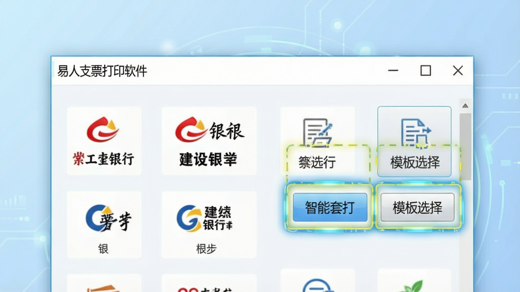 一张展示“易人支票打印软件”功能界面的特写图片,画面主体是软件窗口,窗口内整齐排列着多个银行图标,如工商银行、建设银行等,并用高亮框选出了“智能套打”和“模板选择”两个功能按钮。背景为淡蓝色渐变,风格简洁科技感,画质清晰,文字锐利,画面干净无干扰元素。