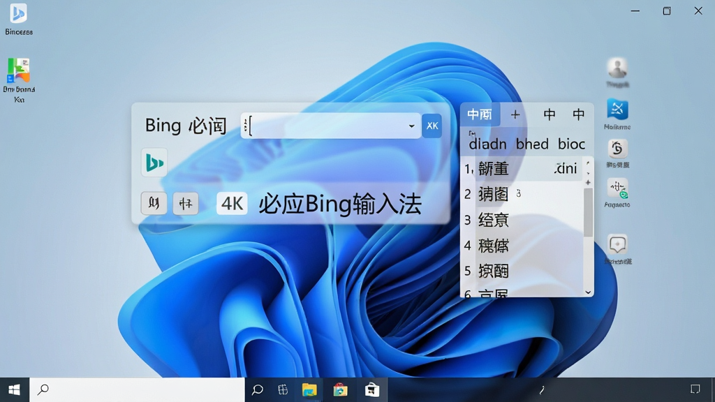 һ��չʾ��ӦBing���뷨���������ȫ��ͼ����������ΪWindows�������棬��Ļ���������Ű�͸�������뷨״̬�����ѡ����壬�����������ʾƴ����ĸ�����ĺ�ѡ�֣�����Ϊ������ɫ�����ֽ�����ֲ��þ��й�ͼ�����Ϊ�ִ��Ƽ���UI��ƣ�ϸ�ڰ������뷨ͼ�ꡢ��Ӣ���л���ť����ѡ����ţ�����Ϊ4K���壬�ɾ��޶���Ԫ�أ������д������֡���ӦBing���뷨��