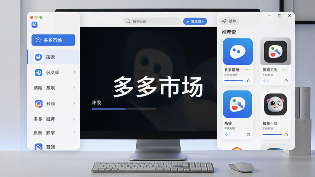 主体为多多市场软件界面与电脑桌面,布局采用中心对称构图,排版左侧展示应用分类列表右侧展示推荐软件卡片,风格为现代简约科技风,细节包含蓝色主色调图标、搜索框、下载进度条,画面中打文字“多多市场”,画质高清干净无多余元素