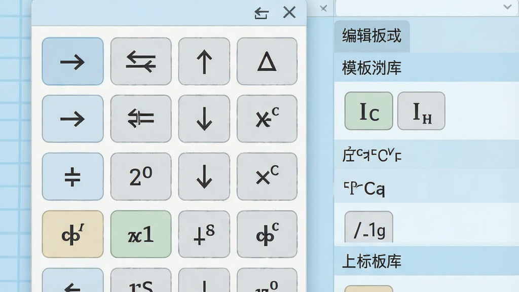 一张展示化学反应方程式编辑器符号与模板库功能的特写图,画面主体是软件界面中的符号面板区域,整齐排列着各类化学符号按钮,包括“→”“”“↑”“↓”“Δ”以及离子电荷标识,旁边是分类清晰的反应模板列表,背景为淡蓝色工作区,风格为扁平化设计,细节清晰可见按钮上的文字与图标,画质细腻,画面干净,无多余元素