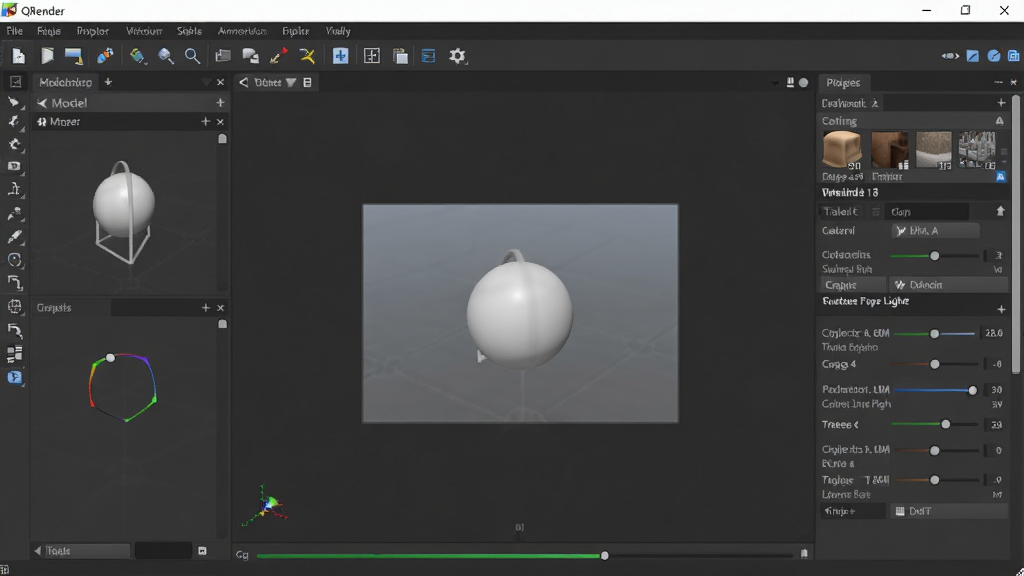 一张展示QRender软件主界面的全景图,画面中央是软件的渲染工作区,左侧为模型导入面板,右侧为材质与光照调节栏,整体采用深色专业主题,界面干净整洁,风格为写实软件截图风格,细节包含工具栏图标、渲染进度条与预览窗口,画质高清,干净,无多余元素