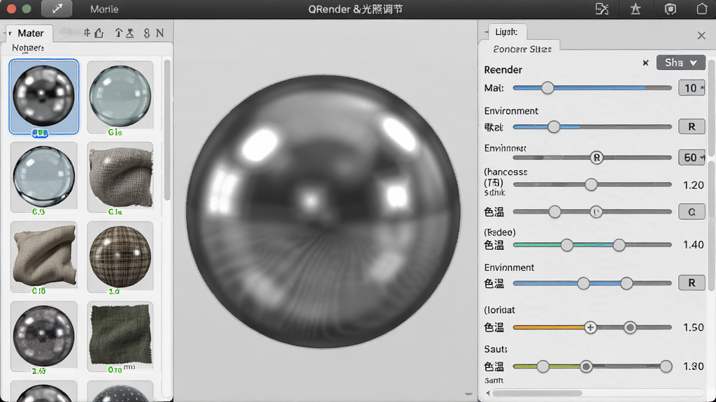 一张展示QRender材质与光照调节界面的示意图,画面主体是软件中的材质球与光照参数面板,材质球展示金属、玻璃、布料等不同质感,布局为左侧材质球列表,右侧光照参数滑块,风格为专业软件界面写实风格,细节包含反射高光、环境光遮蔽、色温调节,画质高清,干净,无多余元素