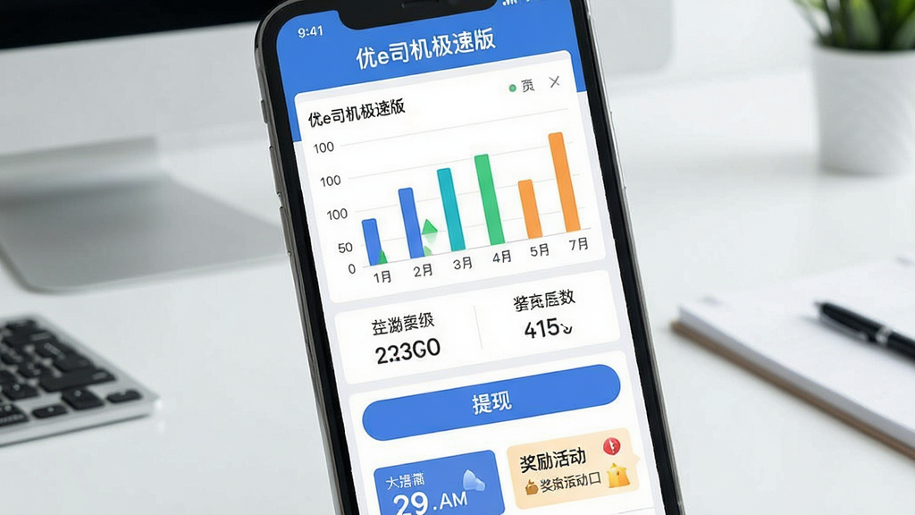 一张展示优e司机极速版收入统计页面的图片,画面主体是手机屏幕显示收入报表界面,屏幕上方有“优e司机极速版”文字,中间是柱状图和数字统计区域,下方是提现按钮和奖励活动入口,背景是简洁的办公桌面环境,风格为清新商务风,细节包括图表颜色、数字字体、按钮样式,画质清晰干净,无多余元素