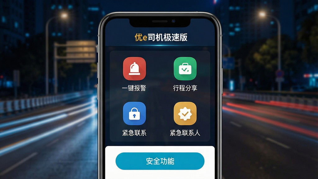 一张展示优e司机极速版安全中心界面的图片,画面主体是手机屏幕显示安全功能页面,屏幕上方有“优e司机极速版”标识,中间是一键报警、行程分享、紧急联系人等功能图标,背景是夜间城市道路场景,风格为安全科技风,细节包括图标设计、按钮颜色、文字说明,画质高清干净,无多余元素