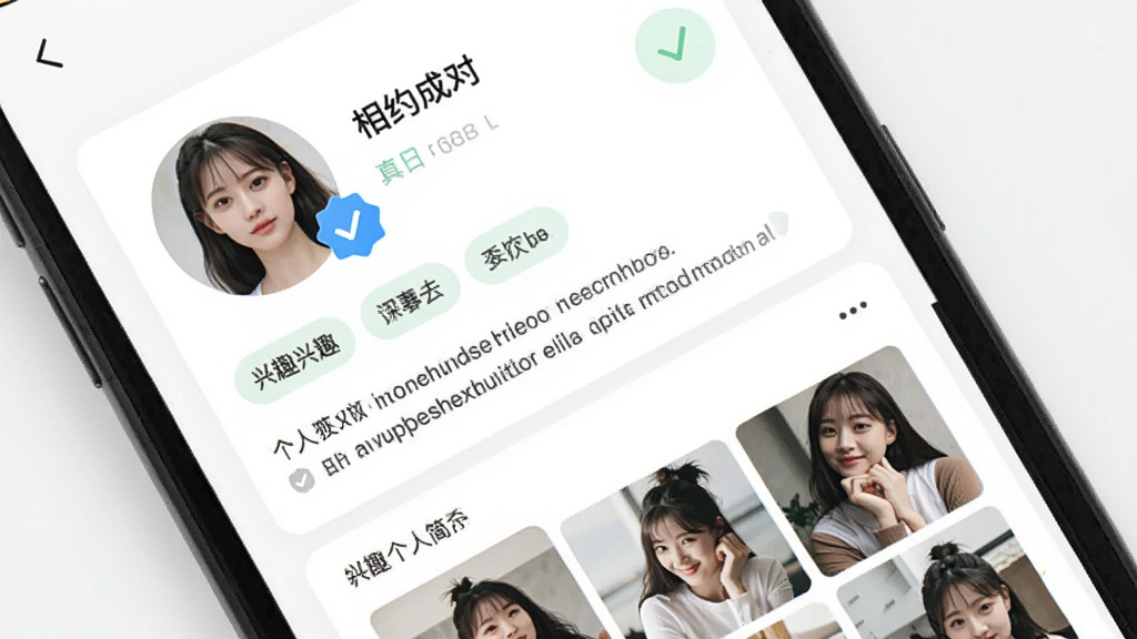 手机屏幕显示相约成对个人资料页,一位年轻女性用户头像旁有蓝色真人认证徽章,页面包含兴趣标签、个人简介和照片墙,背景为白色卡片式布局,点缀浅绿色对勾图标,风格清爽简约,细节突出认证标识,画质清晰干净,无多余元素